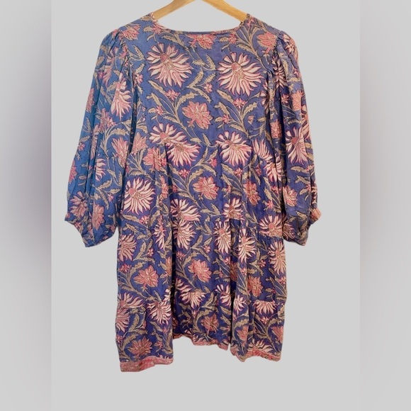 Marea by Liz Joy Casita Cotton Block Floral 3/4 Sleeve Tie Split Neck Mini Dress - Picture 5 of 8